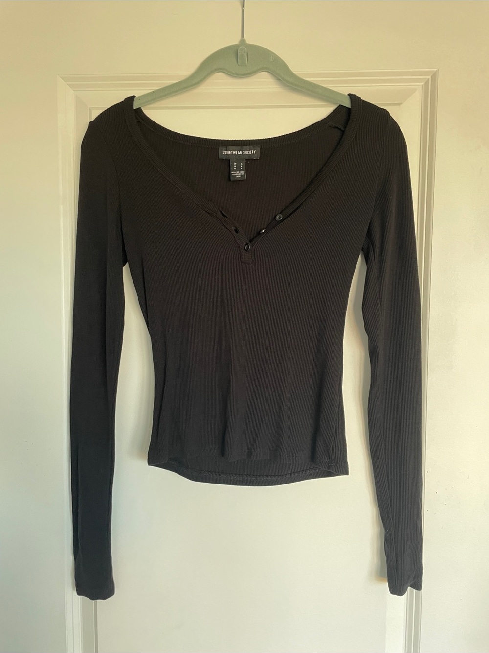 Streetwear Society Black Ribbed Henley Long Sleeve Top